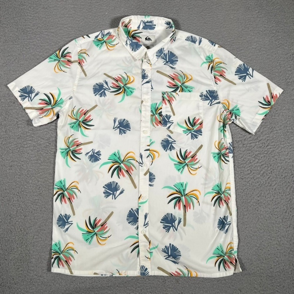 Quiksilver Shirt Mens Medium White Tropical All Over Print Button Up Casual Logo